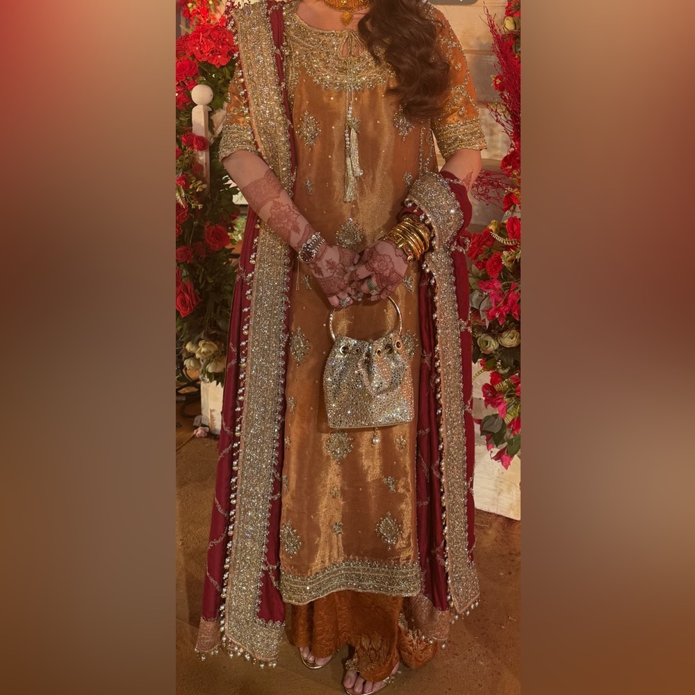 Elegant Gold and Maroon Wedding Dress